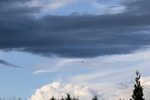 Dramatic dark clouds gather over a serene blue sky with birds in flight Stock Photos