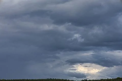 Dramatic dark storm clouds gather over a dense forest canopy Stock Photos