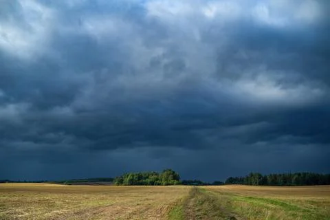 Dramatic dark storm clouds gathering over a vast agricultural field Stock Photos
