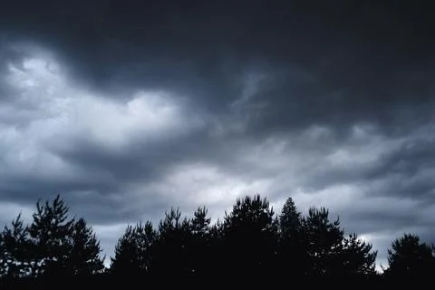Dramatic dark storm clouds in sky over forest silhouette before rain close up Stock Photos
