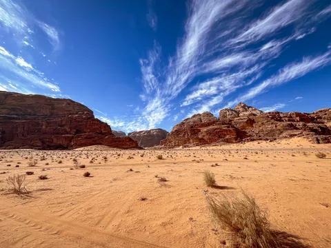 Dramatic desert landscape in Wadi Rum, Jordan Stock Photos