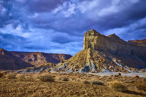 Dramatic Desert Mesa and Stormy Sky at Alstrom Point Lake Powell Utah Stock Photos