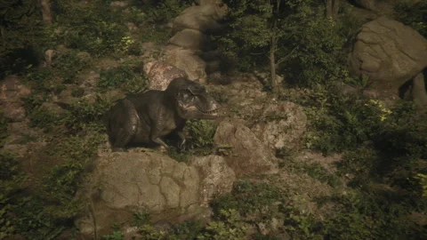 Dramatic dinosaur scene with glowing sunlight and foliage Stock-Footage 295123781