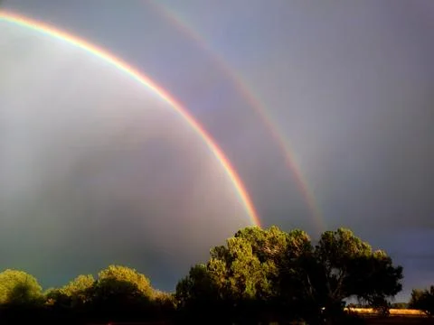 Dramatic Double Rainbow Over Wooded Landscape Stock Photos