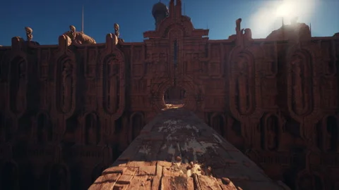 Dramatic drone footage captures dusty fortress with tense mood Stock Footage 334341578