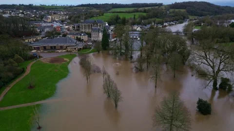 Dramatic drone view of the flooded Le Parc des Ondines public park and Stockbeeldmateriaal 300541408
