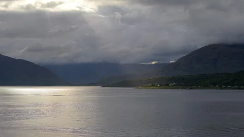Dramatic drone view over Loch Linnhe in the afternoon, Stock Footage 335680365