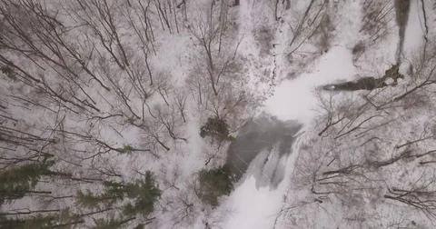 Dramatic drone of Winter Landscape Nature and wildlife of river and woods Stock Footage 83604486