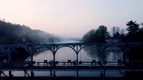 Dramatic &amp; Eerie River Drone Flyover - Foggy Morning Stock-Footage 192455754