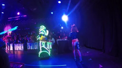 Dramatic &amp; Electric Robot Restaurant Show.  Electric carnival with Robots Stockbeeldmateriaal 149321032