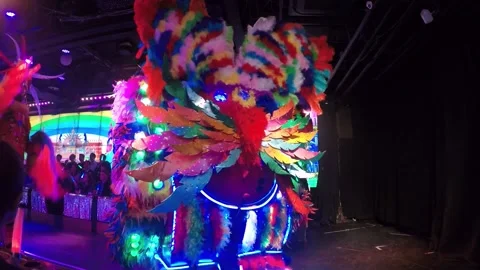 Dramatic &amp; Electric Robot Restaurant Show.  Electric carnival with Robots Stockbeeldmateriaal 149321490