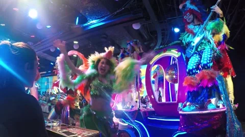 Dramatic &amp; Electric Robot Restaurant Show.  Electric carnival with Robots Stockbeeldmateriaal 149322184