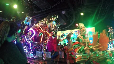 Dramatic &amp; Electric Robot Restaurant Show.  Electric carnival with Robots Stockbeeldmateriaal 149322224