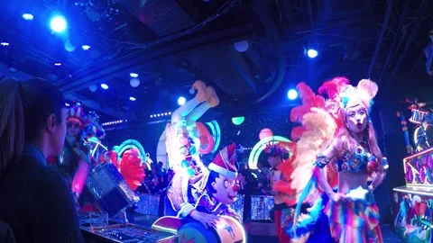 Dramatic &amp; Electric Robot Restaurant Show.  Electric carnival with Robots Stockbeeldmateriaal 149322361