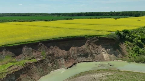 Dramatic Erosion Landscape with Yellow Rapeseed Fields and Meandering River Stock-Footage 312254460