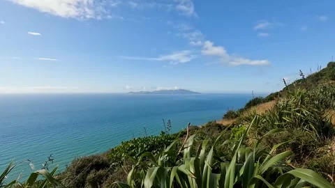 Dramatic Escarpment Track Walk on Kapiti Coast  Stunning Views of Kapiti Is.. Stock Footage 285135057