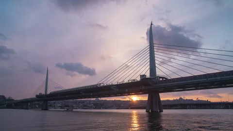 Dramatic evening sky. Cable-stayed bridge across the bay on the sunset sky Stock Footage 272201733