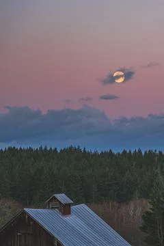Dramatic Evening sky with yellow moon rising over County scene Stock Photos