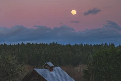 Dramatic Evening sky with yellow moon rising over County scene 스톡 사진