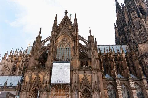 Dramatic Facade of Cologne Cathedral Under Clear Blue Sky Stock-Fotos