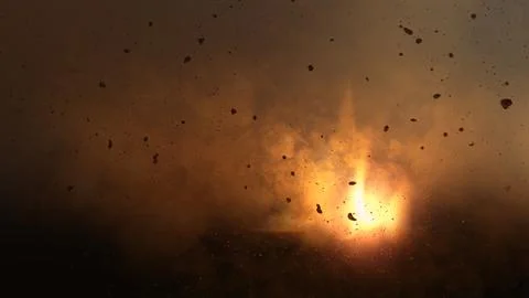 Dramatic fiery explosion with flying debris, dark smoke, and glowing impact.. Stock Photos