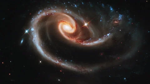 Dramatic fiery galaxy with spiral trails of stars and dust Stock Footage 154436454