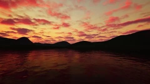 Dramatic Fiery Red Sunset over Dark Mountain Silhouette Stock Footage 340226864