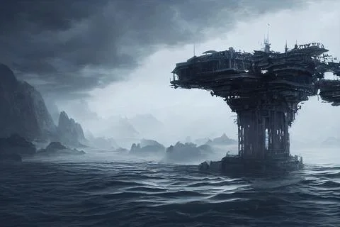 Dramatic floating platform. Building on a fode on an alien planet Stock Illustration