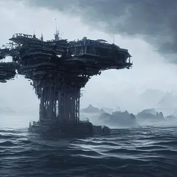 Dramatic floating platform. Building on a fode on an alien planet Illustrazione stock