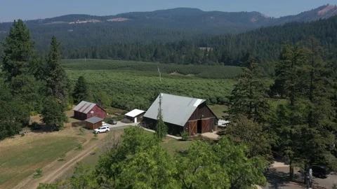 Dramatic flyover of a barn where a wedding ceremony will take place. 動画素材 174048510