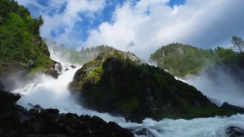 Dramatic footage of Latefossen Waterfall Odda Norway. Stock Footage 78343374
