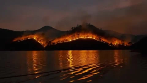 Dramatic Forest Fire at Night Near Water Stock Footage 337719073