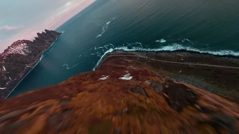 Dramatic FPV Drone Dive Over Okshornan Mountain Peaks in Senja, Norway Video stock 346836531
