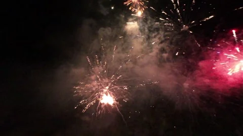 Dramatic FPV Drone View of Fireworks Above Festival at Porlamar, Isla de Stock Footage 298154946