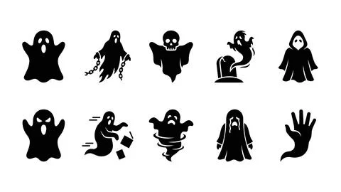 Dramatic ghost character silhouettes featuring expressive poses and Hallowe.. Illustrazione stock