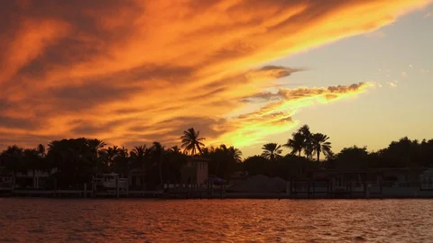 Dramatic glowing orange Sunset over waterway and palm trees in Miami, Florida Stock Footage 101979091