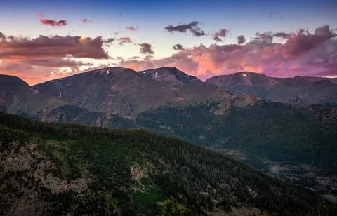 Dramatic Glowing Sunset over the Rocky Mountains, Rocky Mountain National Park Stock Photos