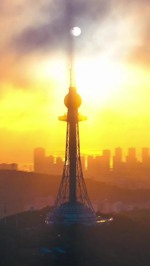 Dramatic Golden Hour Over Qingdao TV Tower and City Skyline Stock Footage 330882508