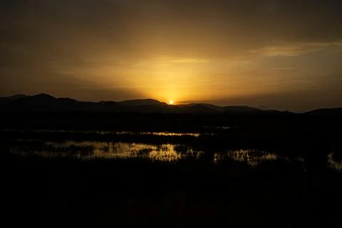 Dramatic golden sunset over flooded rice fields in Marjal de Pego Oliva Nat.. Stock Photos
