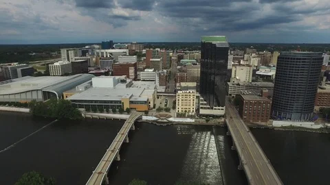 Dramatic Grand Rapids Downtown City Cloudy Aerial I Stock Footage 113975728