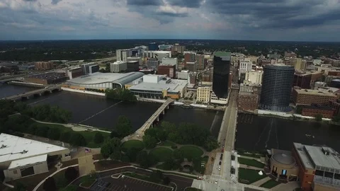 Dramatic Grand Rapids Downtown City Cloudy Aerial II Stock Footage 113975745