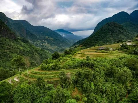 Dramatic Green Mountain Peaks Deep Valley River Vietnam Stock Photos