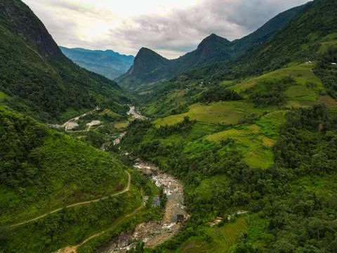 Dramatic Green Mountain Valley Winding Road Terraced Hills Vietnam Stock Photos