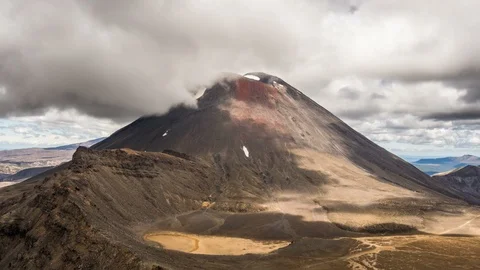 Dramatic grey clouds over volcanic Mount Doom mountains in Tongariro Time lapse Stock Footage 106275883