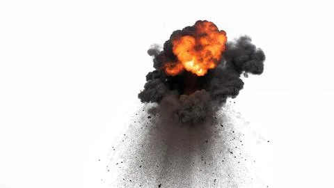 Dramatic ground blast rises upward with glowing orange and red flames on white Ilustração Stock