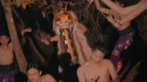 Dramatic Group Dance Around Rangda Spirit Stock Footage 280491369