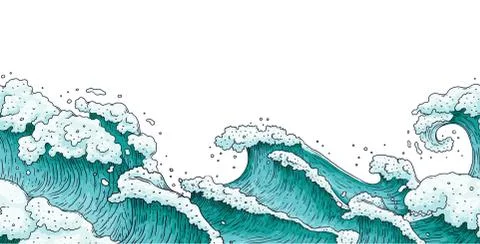 Dramatic hand drawn stormy sea waves - flat banner isolated on white background. Stock Illustration