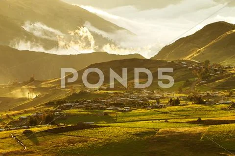 Dramatic High Contrast Sunset In Cubilin Village In Ecuador Chimborazo Province Stock Photos