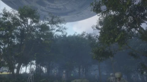Dramatic high quality UFO flyover with a camera tilt down into woodland below Vídeos de archivo 311111371
