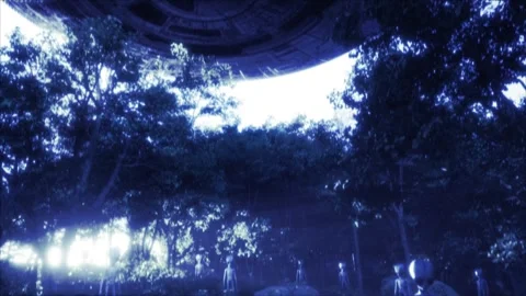 Dramatic high quality UFO flyover at dusk over a woodland where Roswell-style Stock Footage 311111392